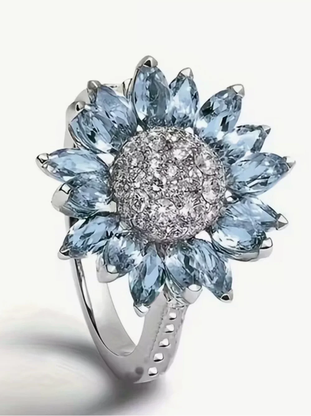 Silver-Tone Sunflower Cocktail Ring with Light Blue Stones